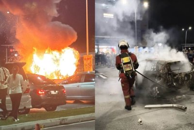Kereta Perodua Myvi terbakar di sebuah pusat beli-belah di Telok Panglima Garang pada Ahad.