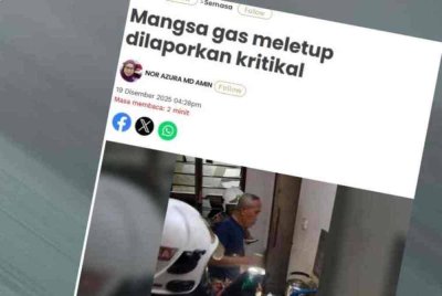 Laporan Sinar Harian mengenai mangsa kritikal apabila gas memasak yang disyaki bocor meletup di rumahnya di Taman Pagoh Jaya.