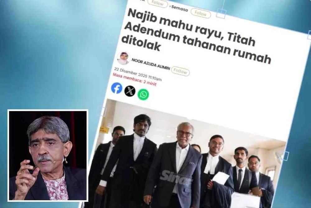 Laporan Sinar Harian pada Isnin mengenai Najib akan merayu keputusan yang menolak permohonan untuk memaksa kerajaan melaksanakan Titah Adendum bagi menjalani baki hukuman penjara di bawah tahanan rumah. Gambar kecil: Mohamed Haniff 