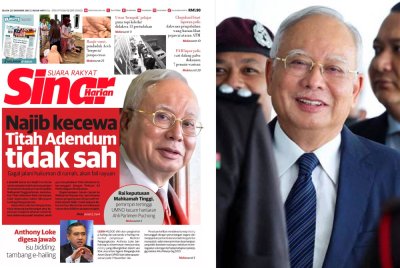 Muka hadapan Sinar Harian pada Selasa berhubung Titah Adendum