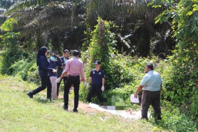 Mayat seorang lelaki yang mempunyai beberapa kecederaan ditemui di tepi Jalan Bukit Serampang, Tangkak pada Rabu. - Foto IPD Tangkak