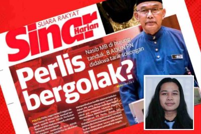 Laporan muka depan Sinar Harian mengenai polemik politik di Perlis. Gambar kecil: Adam Mukhriz