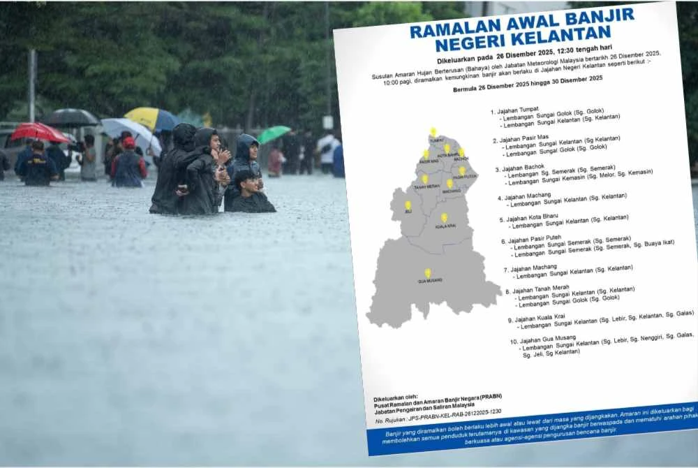 JPS dalam hebahan ramalan awal banjir memaklumkan, situasi itu dijangka berlaku di beberapa lembangan sungai utama termasuk Sungai Kelantan, Sungai Golok, Sungai Lebir, Sungai Galas dan Sungai Nenggiri - Gambar hiasan