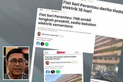 Laporan Sinar Harian mengenai penderitaan penghuni Flat Seri Perantau akibat ketiadaan bekalan elektrik. Gambar kecil: Borhan 