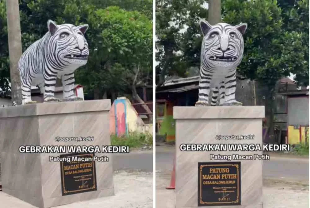 Sebuah patung Harimau Putih tular di media sosial dan menimbulkan pelbagai reaksi dalam kalangan warganet. Foto: Agensi