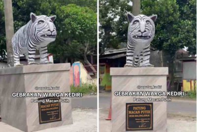 Sebuah patung Harimau Putih tular di media sosial dan menimbulkan pelbagai reaksi dalam kalangan warganet. Foto: Agensi