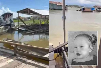 Clara (gambar kecil) terjatuh ke sungai berhampiran rumahnya yang tidak mempunyai penghadang. Foto: Agensi