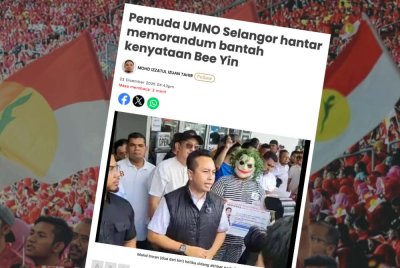 Pemuda UMNO Selangor menyerahkan memorandum bantahan di hadapan pejabat Bee Yin pada Selasa lalu.