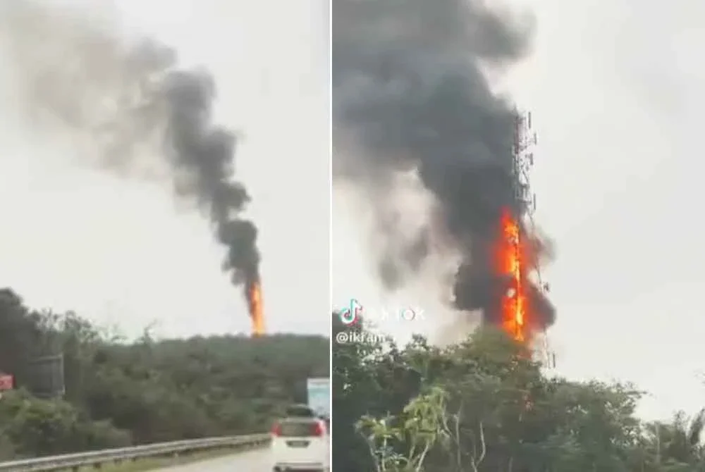 Tangkap layar video kebakaran menara telekomunikasi yang dikongsi pengguna media sosial.