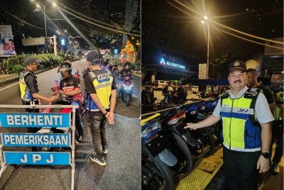 Muhammad Kifli (kanan) menunjukkan nombor plat bersaiz kecil dan mengelirukan yang disita JPJ dalam operasi di sekitar ibu negara pada Ahad.