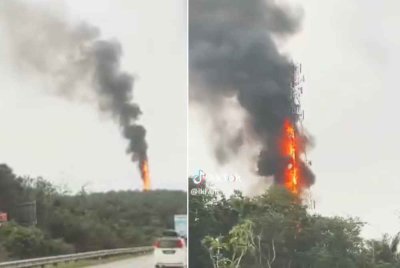 Tangkap layar video kebakaran menara telekomunikasi yang dikongsi pengguna media sosial.
