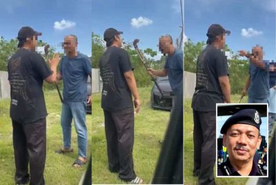 Tangkap layar video tular yang memaparkan pertengkaran melibatkan dua lelaki tempatan di tepi Jalan Sungai Dahaka, Bukit Tengah. - Gambar kecil (Helmi)