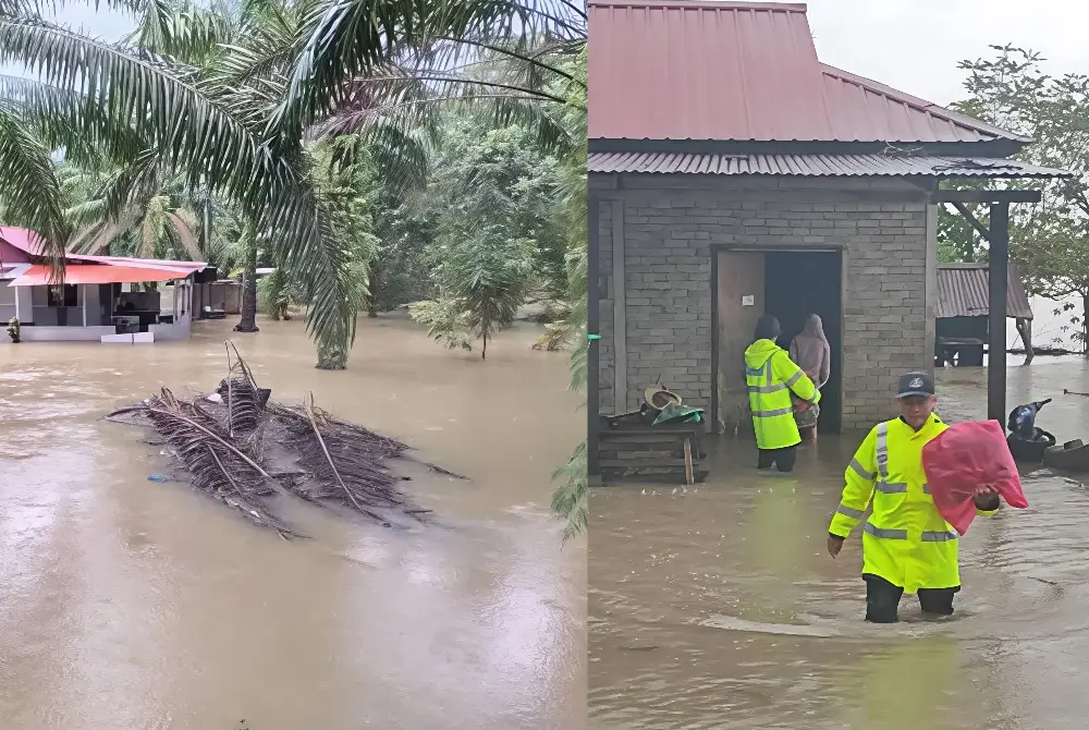 Anggota polis dari Balai Polis Tanjung Gemok membantu memindahkan penduduk Kampung Kurnia, Rompin yang terjejas banjir pada Isnin. Foto Facebook Polis Daerah Rompin