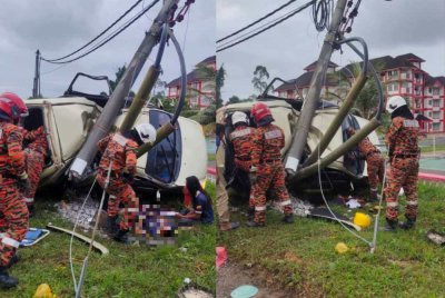 MPV jenis Toyota Avanza yang dinaiki mangsa terbabas di Kilometer 3, Jalan Paka-Bandar Al Muktafi Billah Shah dekat sini pada Isnin. Foto bomba
