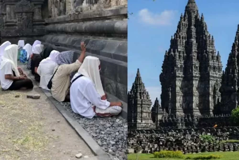 Aksi beberapa lelaki berpakaian serba putih dilihat duduk berbaris menghadap dinding batu candi sambil melantunkan zikir yang tular baru-baru ini. - Foto: Agensi