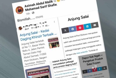 Perkongsian Azimah di laman Facebooknya berkenaan laman web yang menyatakan kedainya menjual daging khinzir terbaik di Malaysia.