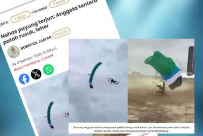 Laporan Sinar Harian pada Selasa berkenaan kemalangan payung terjun di padang Encore Klebang di sini pada Ahad.