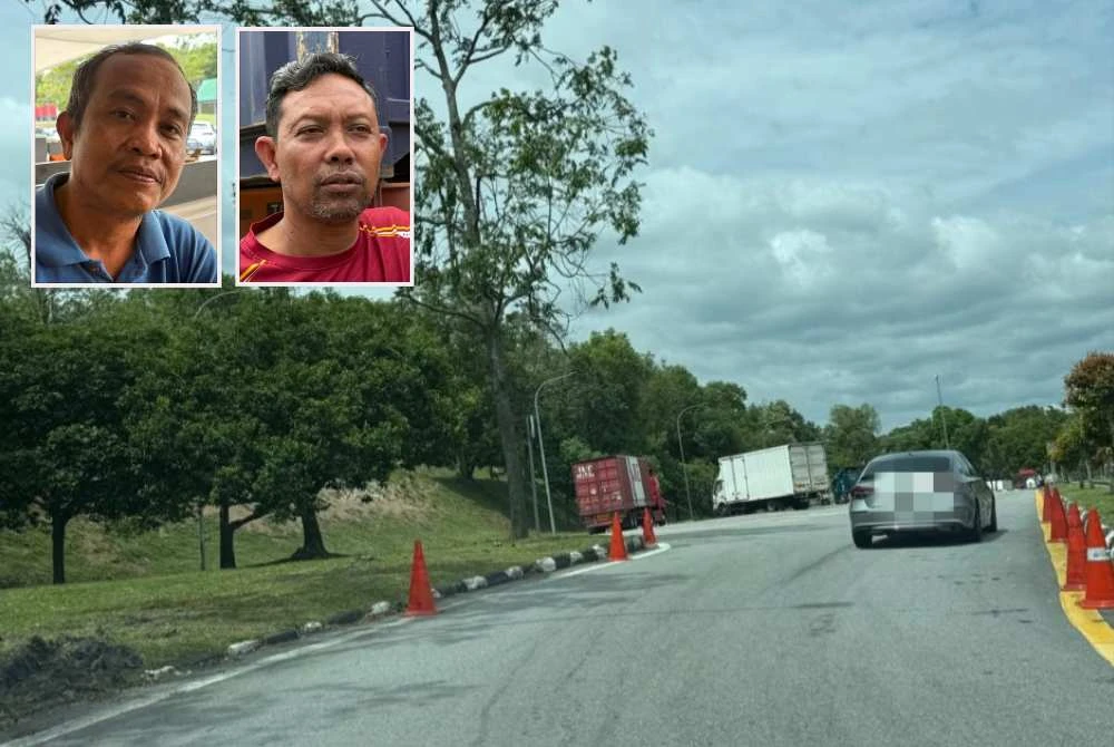 Lokasi tiga kereta disagat lori telah dipasang kon semasa tinjauan dilakukan. Gambar kecil: Helmi (kiri) dan Zulkarnain.