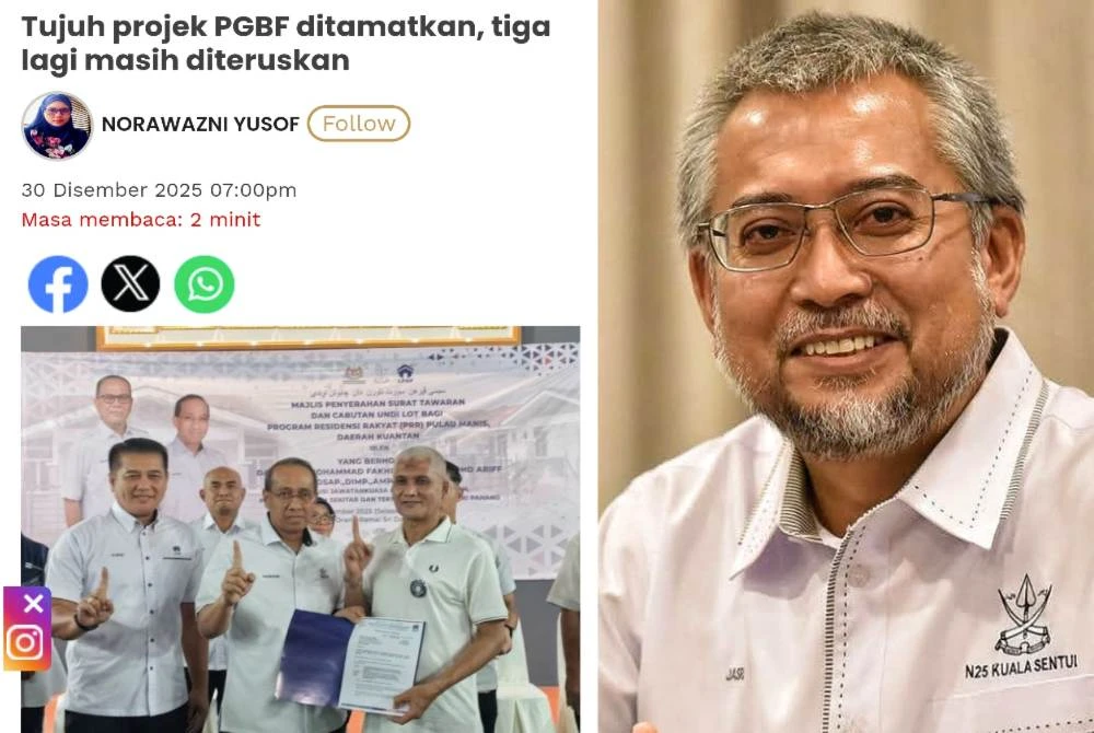 Laporan Sinar Harian mengenai tujuh projek ditamatkan oleh Kerajaan Pahang. (Gambar kanan: Jasri)