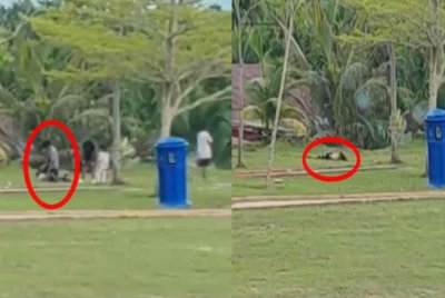 Tangkap layar video tular mangsa dipukul.Mangsa ditinggalkan terbaring selepas pergaduhan (Gambar kanan) 