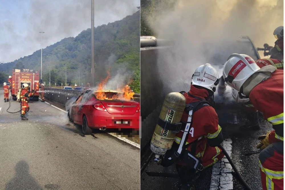 Sebuah kereta terbakar hampir 80 peratus selepas terlibat dalam kemalangan dengan sebuah kenderaan lain.