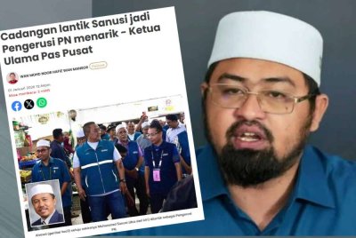 Laporan Sinar Harian mengenai isu berhubung cadangan Sanusi dilantik sebagai Pengerusi PN. Gambar kanan: Mohamed Sukri 