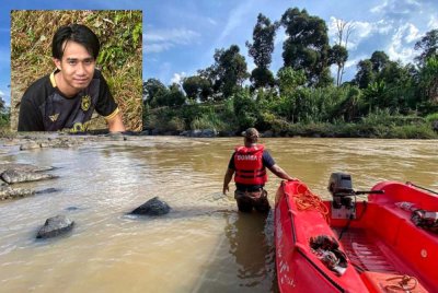 Operasi mencari dijalankan menggunakan bot Whally boleh pasukan bomba susulan seorang juruteknik dikhuatiri lemas di Pusat Rekreasi Jeram Besu, Sega di sini selepas dibawa arus deras ketika mandi. (Gambar kecil: Mohamat Firdarus). Foto Bomba Pahang.Foto Bomba Pahang.