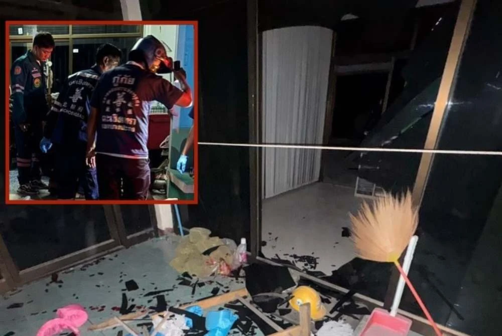 Seorang lelaki maut selepas cedera parah akibat merempuh pintu kaca ketika cuba melarikan diri dalam kejadian pecah rumah di daerah Bang Pakong, Chachoengsao, Thailand. Foto: Khaosod