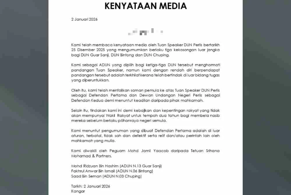Kenyataan media oleh tiga ADUN Perlis pada Jumaat.