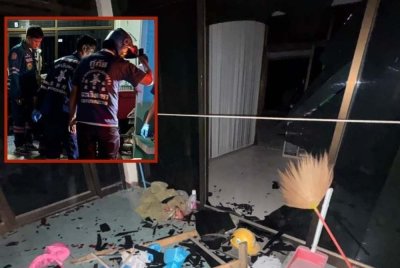 Seorang lelaki maut selepas cedera parah akibat merempuh pintu kaca ketika cuba melarikan diri dalam kejadian pecah rumah di daerah Bang Pakong, Chachoengsao, Thailand. Foto: Khaosod