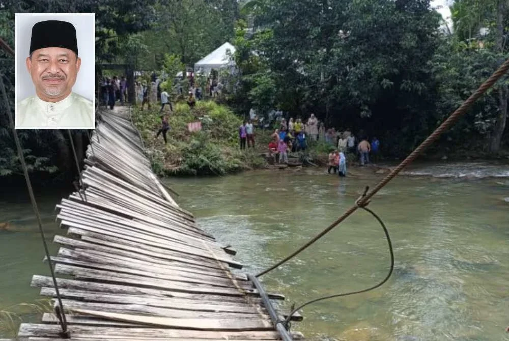 Suasana meriah kenduri perkahwinan bertukar cemas apabila sebuah titi gantung runtuh menyebabkan lebih 50 tetamu terjatuh ke dalam Sungai Chatel Damai, Lata Rek, Kuala Krai pada Khamis. Gambar kecil: Mohd Nassuruddin
