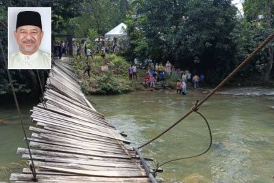 Suasana meriah kenduri perkahwinan bertukar cemas apabila sebuah titi gantung runtuh menyebabkan lebih 50 tetamu terjatuh ke dalam Sungai Chatel Damai, Lata Rek, Kuala Krai pada Khamis. Gambar kecil: Mohd Nassuruddin
