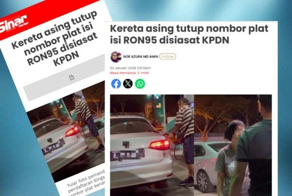 Laporan Sinar Harian berkaitan tular sebuah kereta dengan nombor pendaftaran Singapura menutup sebahagian plat bertujuan mengaburi tindakannya mengisi RON95 di sebuah stesen minyak di daerah Kulai.