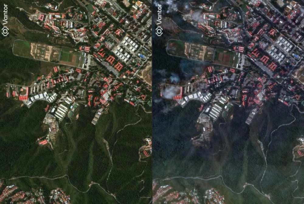 Gabungan imej satelit yang diambil pada 22 Disember 2025, menunjukkan pandangan keseluruhan Fuerte Tiuna (T), kompleks ketenteraan terbesar Venezuela di Caracas, serta satu lagi imej satelit edaran oleh Vantor yang diterima pada 3 Januari 2026, yang turut menunjukkan pandangan keseluruhan Fuerte Tiuna, kompleks ketenteraan terbesar Venezuela di Caracas. - Foto: AFP