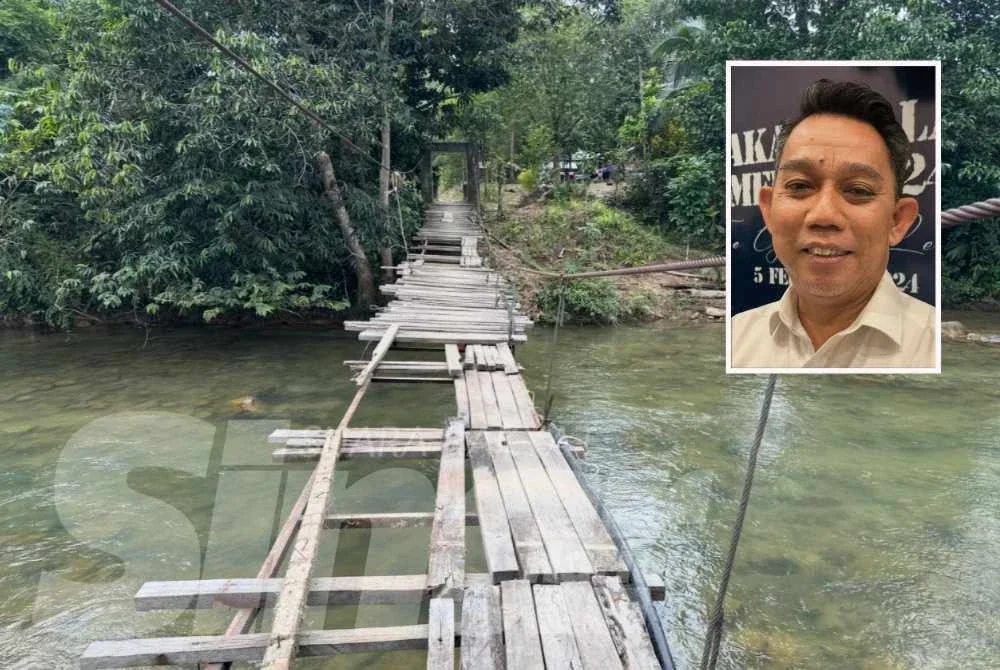 Kerja baik pulih jambatan gantung yang runtuh di Kampung Chatel Damai, Lata Rek di Kuala Krai akan bermula hujung Januari ini. Gambar kecil: Jasri 