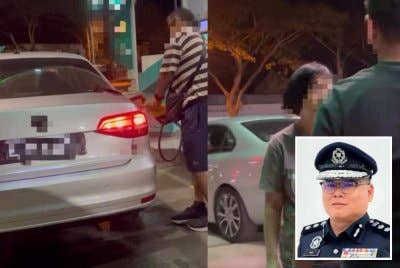 Tular foto pemandu kereta dengan nombor pendaftaran Singapura menutup sebahagian nombor plat kenderaan untuk mengisi RON95. - Gambar kecil (Seng Lee)