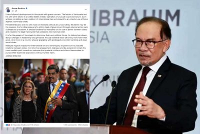 Tangkap layar hantaran Facebook berhubung tindakan AS ke atas Venezuela. 