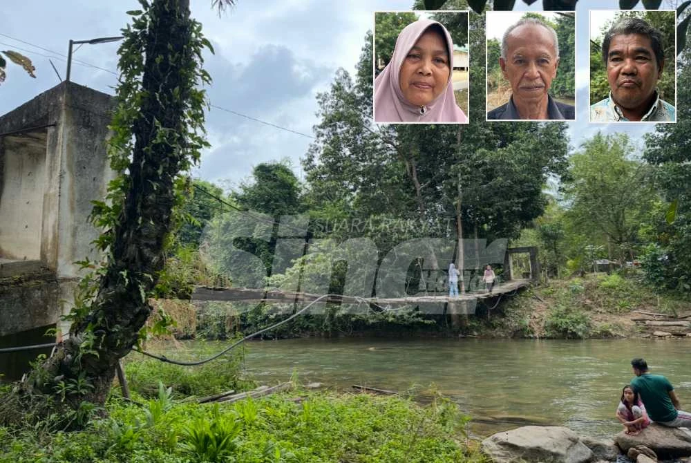 Titi gantung yang banyak berjasa kepada penduduk setempat. Gambar kecil dari kiri: Zubarina, Mat Daud dan Wan Syukri. Foto:ADILA SHARINNI WAHID