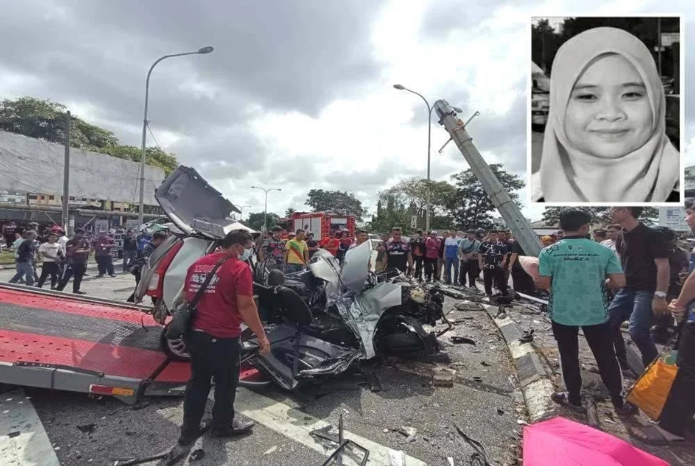 Kereta Perodua Viva dipandu mangsa remuk selepas dirempuh sebuah kenderaan lain ketika membelok di lampu isyarat JPJ, Kuala Terengganu dalam kejadian pada Isnin. Gambar kecil: Syakirah Hanan FOTO: Bomba 