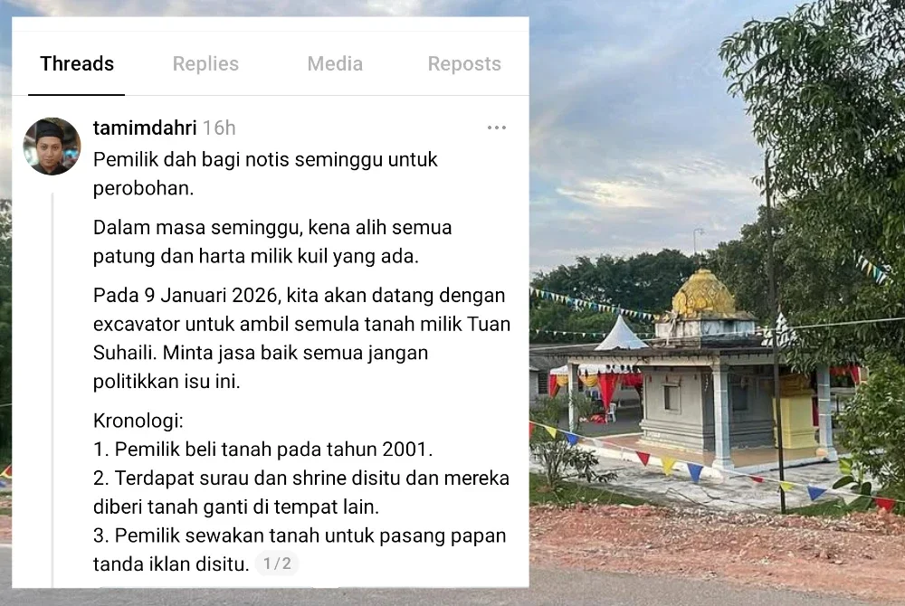 Tamim memuat naik hantaran di platform Threads berhubung isu kuil yang didakwa dibina tanpa kebenaran di sebuah tanah persendirian di Sepang.