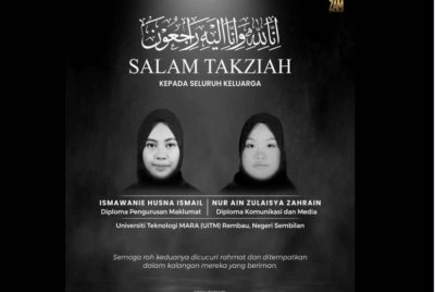 Dua pelajar UiTM Rembau, Ismawanie Husna Ismail, 19 dan Nur Ain Zulaisya Zahrain, 19, disahkan meninggal dunia di lokasi kejadian.