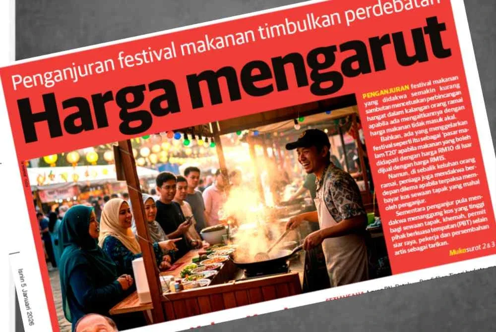 Laporan muka depan Sinar Harian pada Isnin mengenai isu harga makanan di festival makanan. 