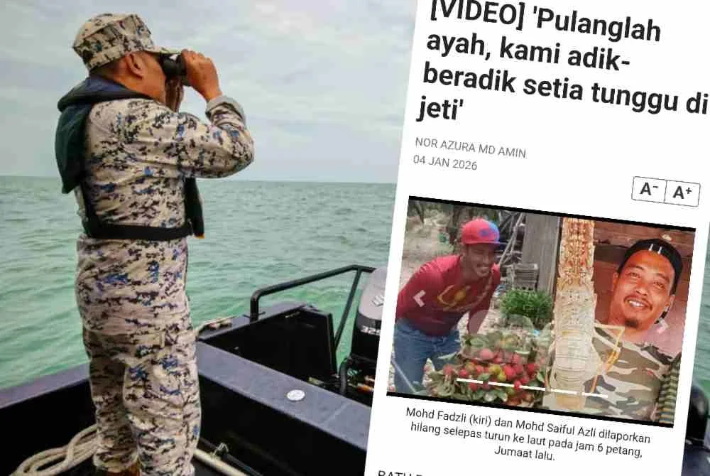 Usaha SAR dipergiatkan untuk mengesan dua nelayan yang dilaporkan hilang selepas dipercayai terjatuh ke laut di perairan Batu Pahat. Foto Maritim Malaysia