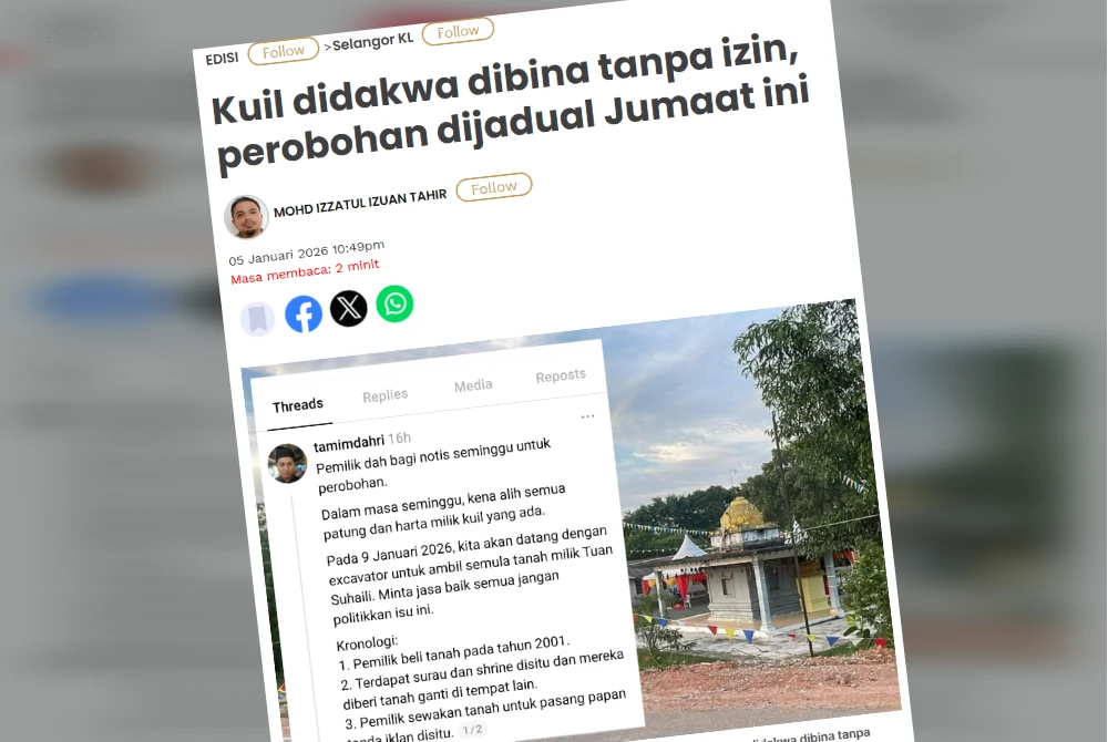 Sinar Harian pada Isnin melaporkan, pemilik sebuah tanah persendirian di Sepang memberi tempoh seminggu kepada pihak berkaitan bagi mengosongkan sebuah kuil yang didakwa dibina tanpa kebenaran.
