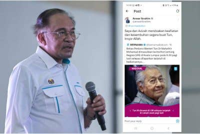 Datuk Seri Anwar Ibrahim menerusi hantaran di platform X pada Selasa mendoakan kesembuhan bekas Perdana Menteri, Tun Dr Mahathir Mohamad yang kini sedang menerima rawatan di IJN.