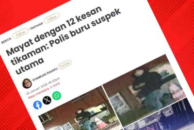 Laporan Sinar Harian mengenai kes mayat ditemukan dengan 12 kesan tikaman. 