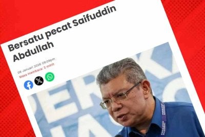 Laporan Sinar Harian pada Selasa mengenai Bersatu pecat Saifuddin Abdullah 
