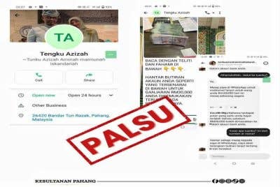 Penafian dibuat Istana Pahang mengenai dakwaan tawaran bantuan daripada Tunku Azizah menerusi hantaran di laman sosial Kesultanan Pahang pada Rabu. Foto Kesultanan Pahang.