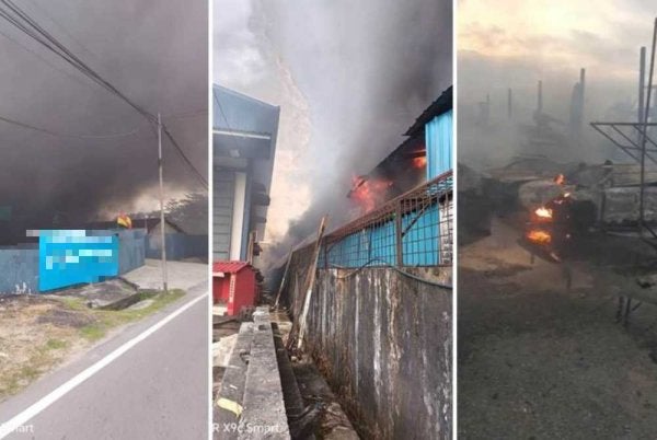 Sebanyak 51 kereta musnah dalam kebakaran bengkel servis dan cat milik pengeluar kereta tempatan di Sungai Buloh - Foto: Bomba Selangor