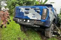 Pacuan empat roda yang terlibat dalam kemalangan dengan sebuah motosikal di di Kampung Minangkob, Jalan Tamparuli-Ranau, Tuaran.